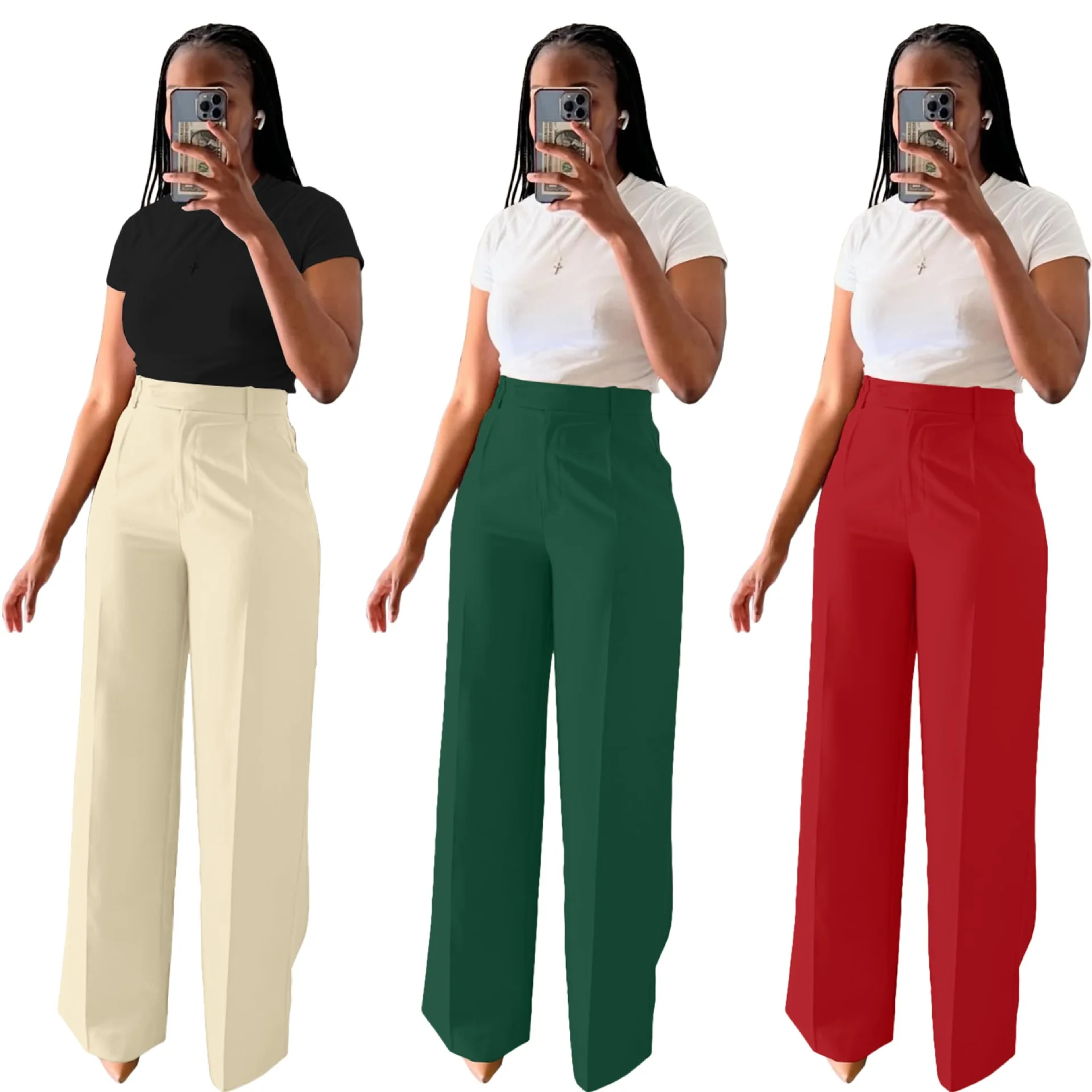 

Casual Tailored Long Pants High Waist Straight Leg Trousers for Women Office Wear Polyester Fiber Zipper Closure Loose Fit