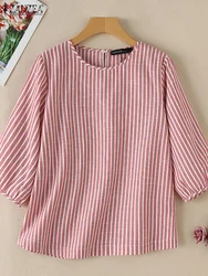 ZANZEA Women's Blouses Trend 2024 Autumn Tops Casual Summer O Neck 3/4 Sleeve Striped Shirt Loose Vintage Blusas Para Mujer