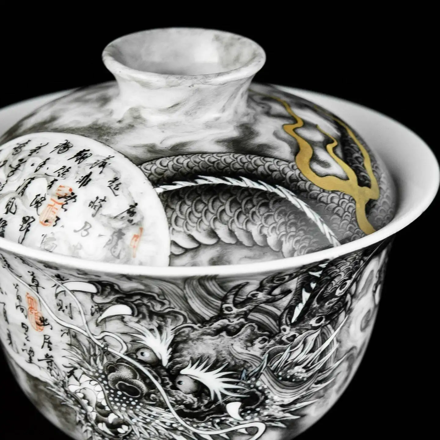 Sacred Mountain Jingdezhen Pastel Scroll Ink Dragon Hand-Painted Set Handmade Chinese Ceramic Gaiwan Tea Cup