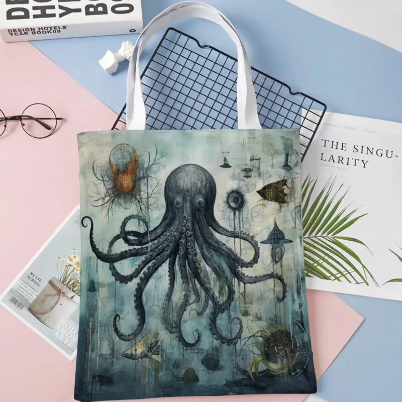 Tote Bags Seahorse Octopus Print Fabric Eco Handbag High Capacity Shopping Office Reusable Casual Shoulder Bag 1016WJY