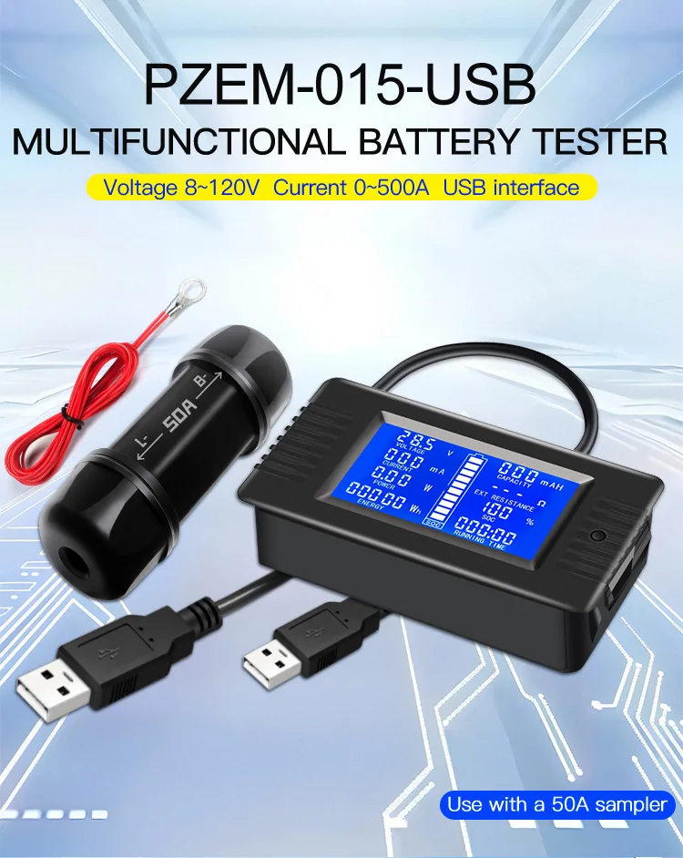 PZEM-015 Digital Battery Tester 8-120V Lithium Lead Acid Battery Capacity Tester Coulomb Counter Capacity Meter LCD Display