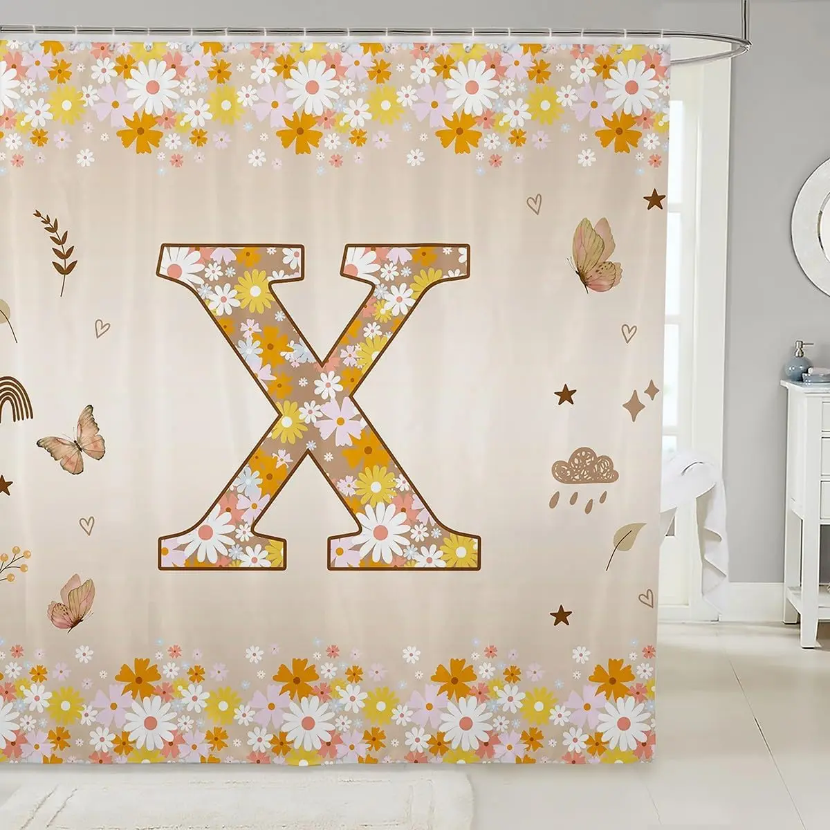 

Винтажная занавеска для душа с цветочным принтом, персонализированная начальная X, декор для ванны в стиле бохо, весенние свежие цветы, водонепроницаемые занавески для ванной комнаты