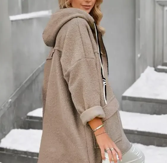 

Women's Casual Coat New Style Female Daily Clothing Winter Fashion Loose Hooded Collar Fleece Pocket for Women