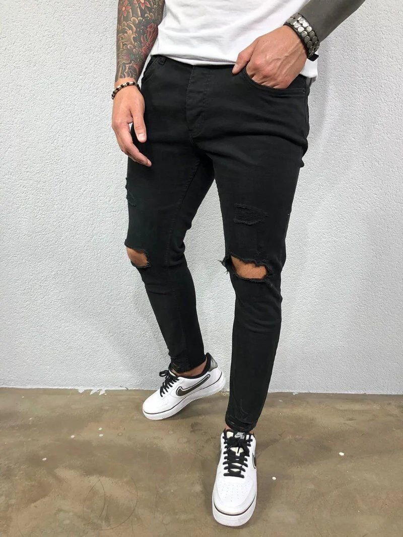 Men\'s Jeans Streetwear Ripped Skinny Hip Hop Man Fashion Estroyed Oversize Pants Solid Color Male Stretch Casual Denim Trousers