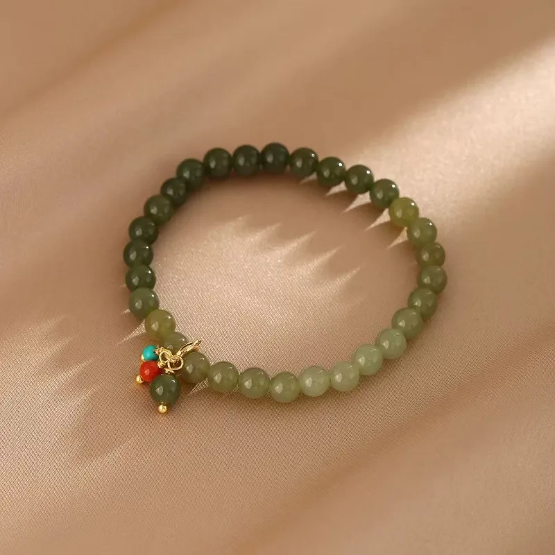 

Minar Retro Green Gradient Color Hetian Jade Natural Stone Tassel Elastic Strand Bracelets for Women 14K Real Gold Plated Copper