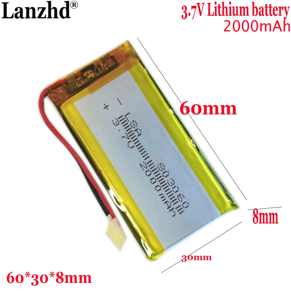 803060 polymer lithium battery 2000mAh 3.7V For Hand warmer Charger LED lamp Bluet batteryooth speaker