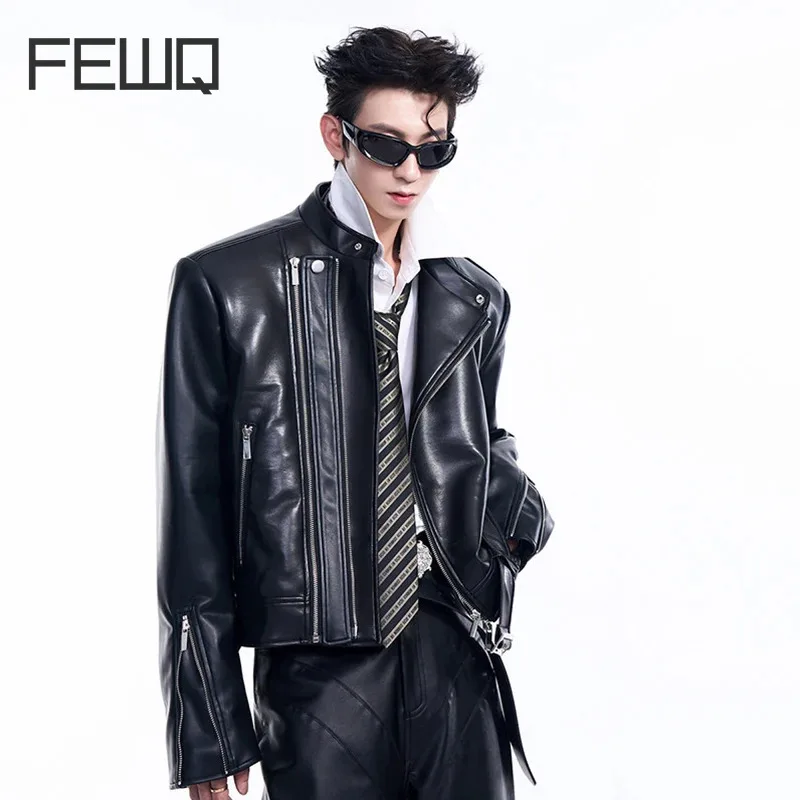 

FEWQ Niche Design Short Stand Up Collar Double Zipper Motorcycle PU Leather Jacket Men's Darkwear Male Coat Fashion 24E1731