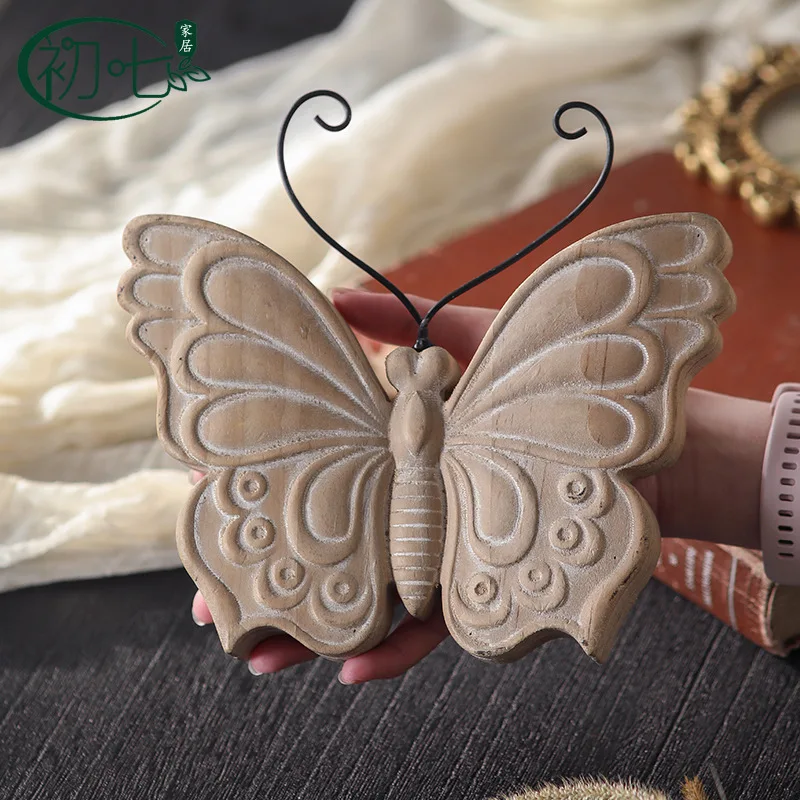 Vintage handmade carved butterfly statue,rural wood grain wall decoration,home accessories,Christmas scene decoration props