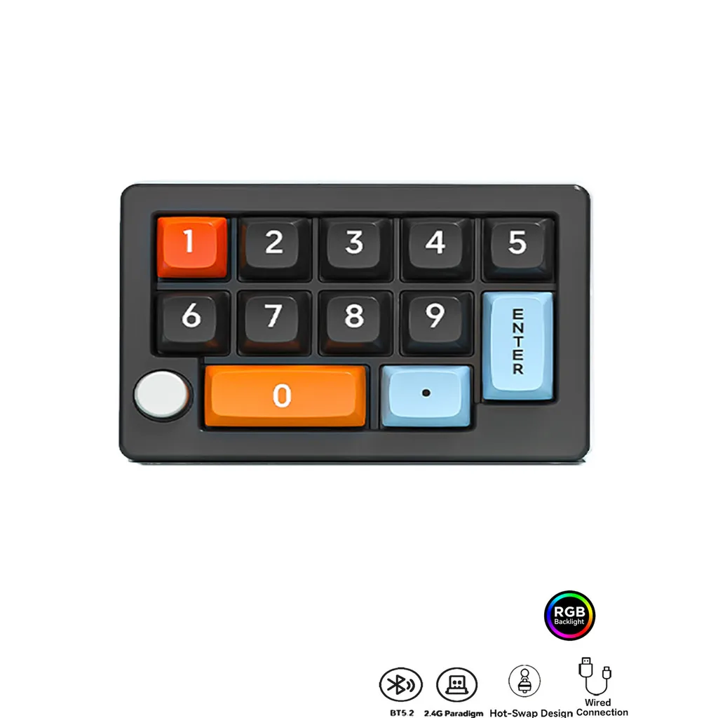 

Wireless RGB Backlit Mechanical Keyboard, Tri-Mode Programer 12 Keys Full Hot Swappable Number Pad for Windows Mac Andriods