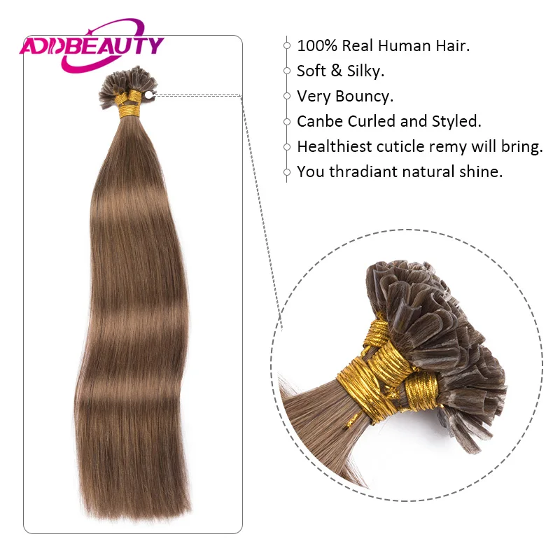 Addbeauty Human Fusion Hair Extensions U Tip Keratin Capsule 100% Remy Human Hair Nail Tip Machine Made Hair Extension Natural