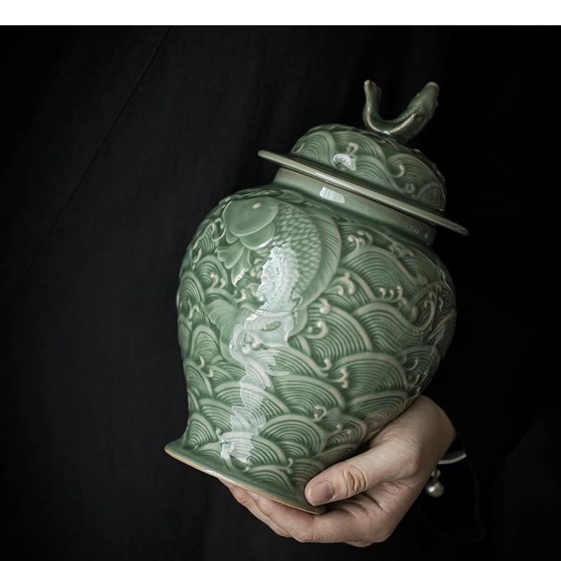 Ceramic Tea Pot Porcelain Ginger Jar General Celadon Handmade Fish Relief  Storage Home Furnishing Decoration