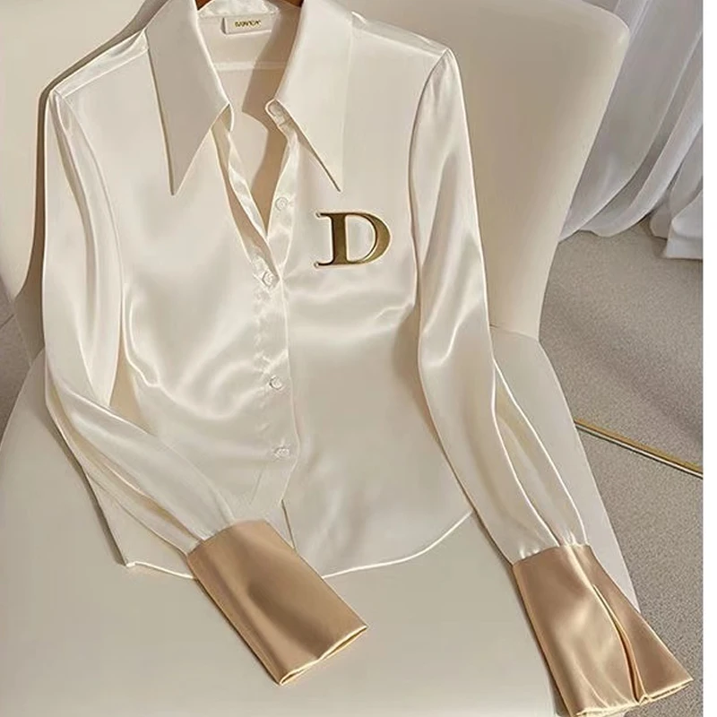 Satin Shirt Tops 2024 Fall All-in-one Ladies Long Sleeve Elegant Solid Color Shirt Fashion High Suit French New Suit Dress Set