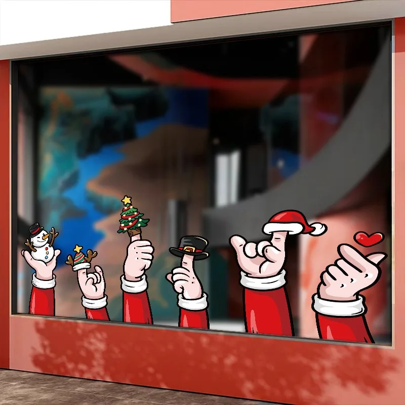 クリスマスステッカー漫画ハンドハート雪だるまウィンドウ静電気吸着ストアシーンデコレーションクリスマスツリーガラスデカール