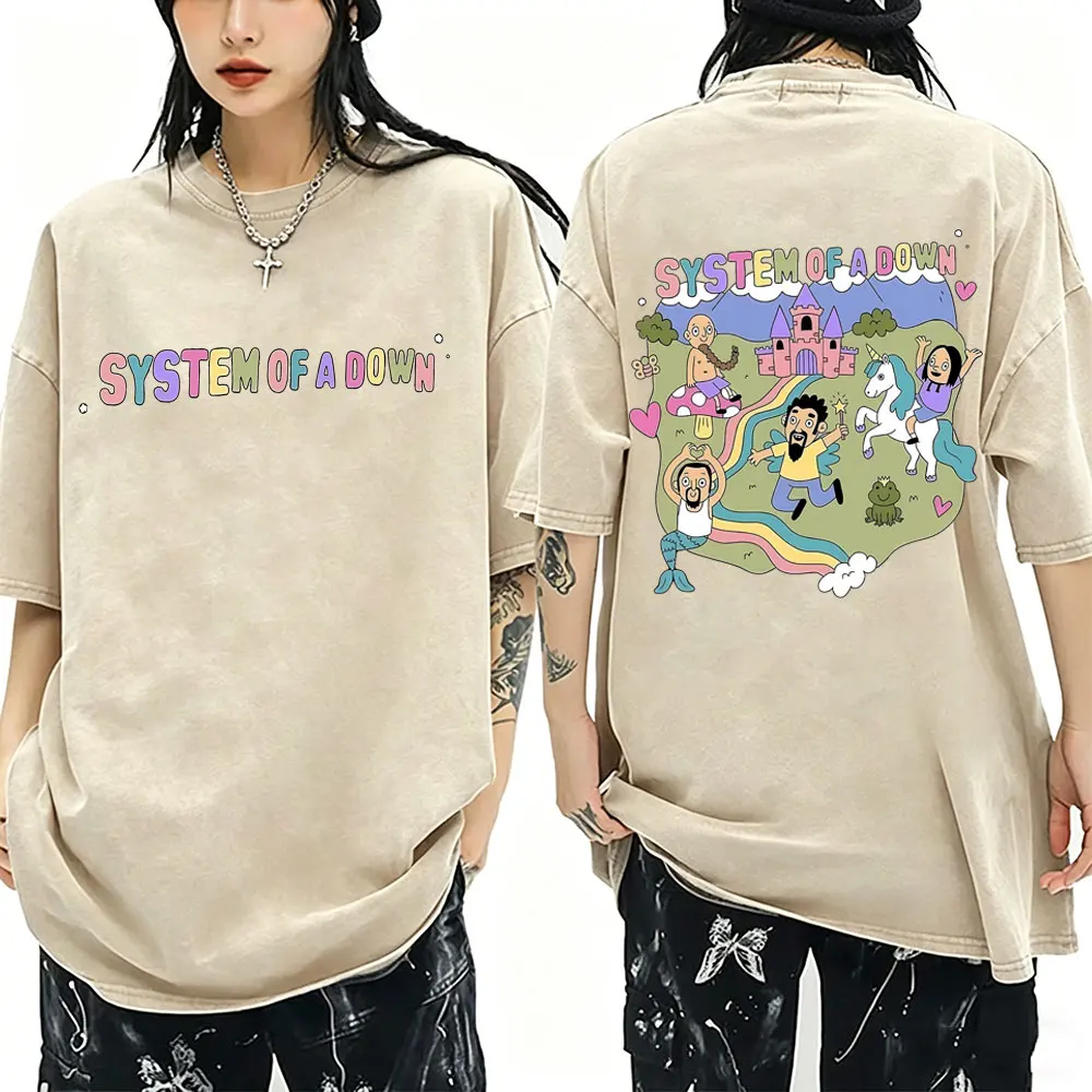 Washed Vintage Rock Band System of A Down Cartoon Graphic T-shirt Men Retro Gothic Oversized Short Sleeve T Shirt Man Streetwear