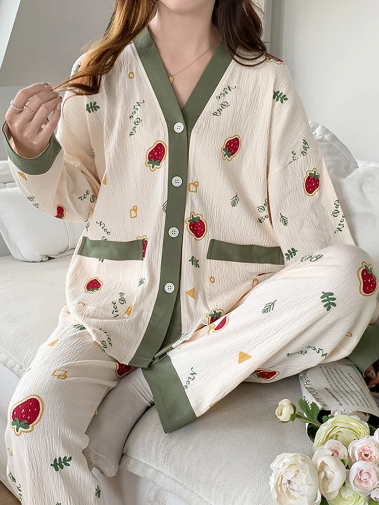 Pijama de algodón de manga larga para mujer, ropa de dormir Sexy, bata de noche para el hogar, ropa de salón, traje suelto, servicio a domicilio, otoño