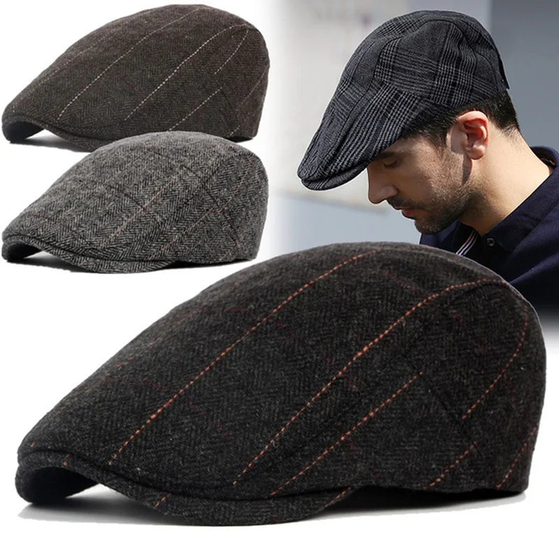 Men Classic Plaid Stripe  Cap for Male Winter Cotton Flat Ivy Vintage Gatsbay Hat Irish Outdoor Cabbie Beret Painter Hat