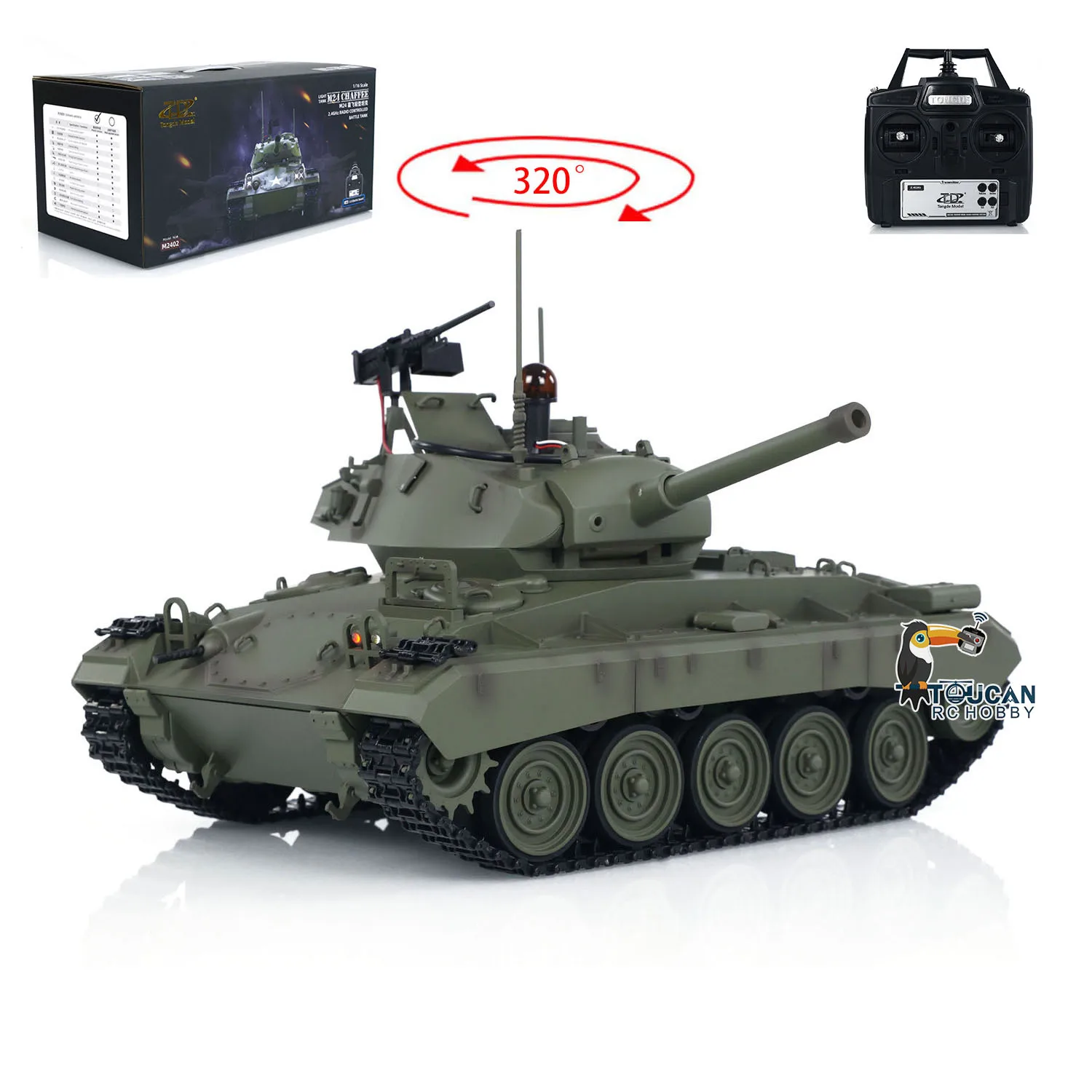 Carro armato leggero Tongde M24 Chaffee RC in scala 1/16 320 ° Modello militare telecomandato con riavvolgimento a canna a infrarossi con rotazione per hobbisti