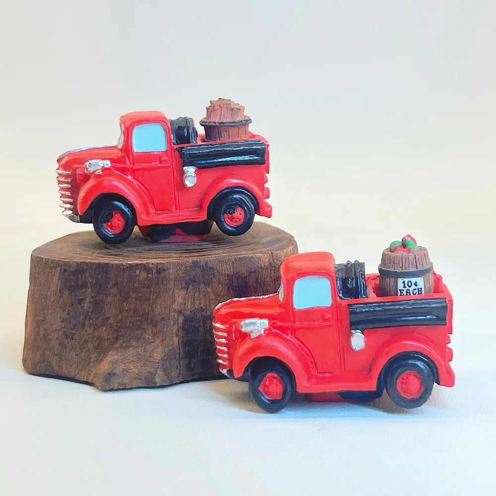 Vintage Red Pickup Truck Resin Ornament Mini Farm Car Figurine Fairy Garden Christmas Decor