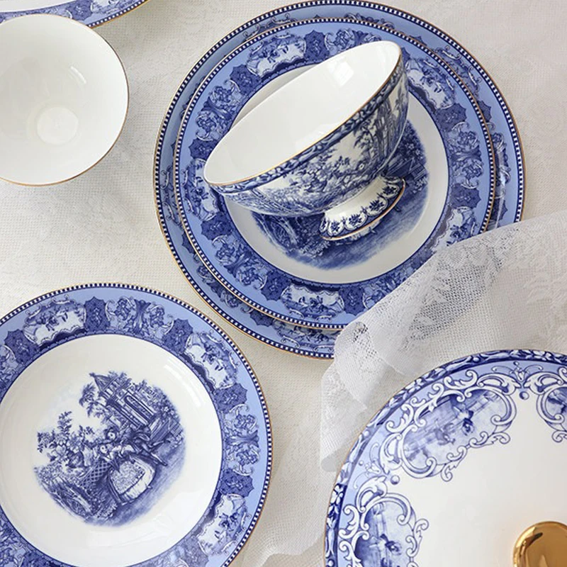 European Court Blue White Bone Porcelain Plates Golden Stroke Humanistic Flower Dinner Plate Soup Pot Afternoon Tea Tableware