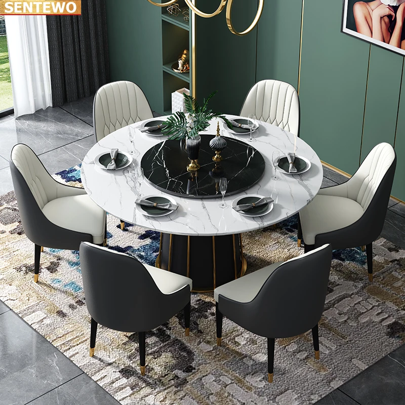 Designer Luxury round dinning Marble Rock Slab dining table set 6 chairs mesa de jantar comedor marbre Stainless steel gold base