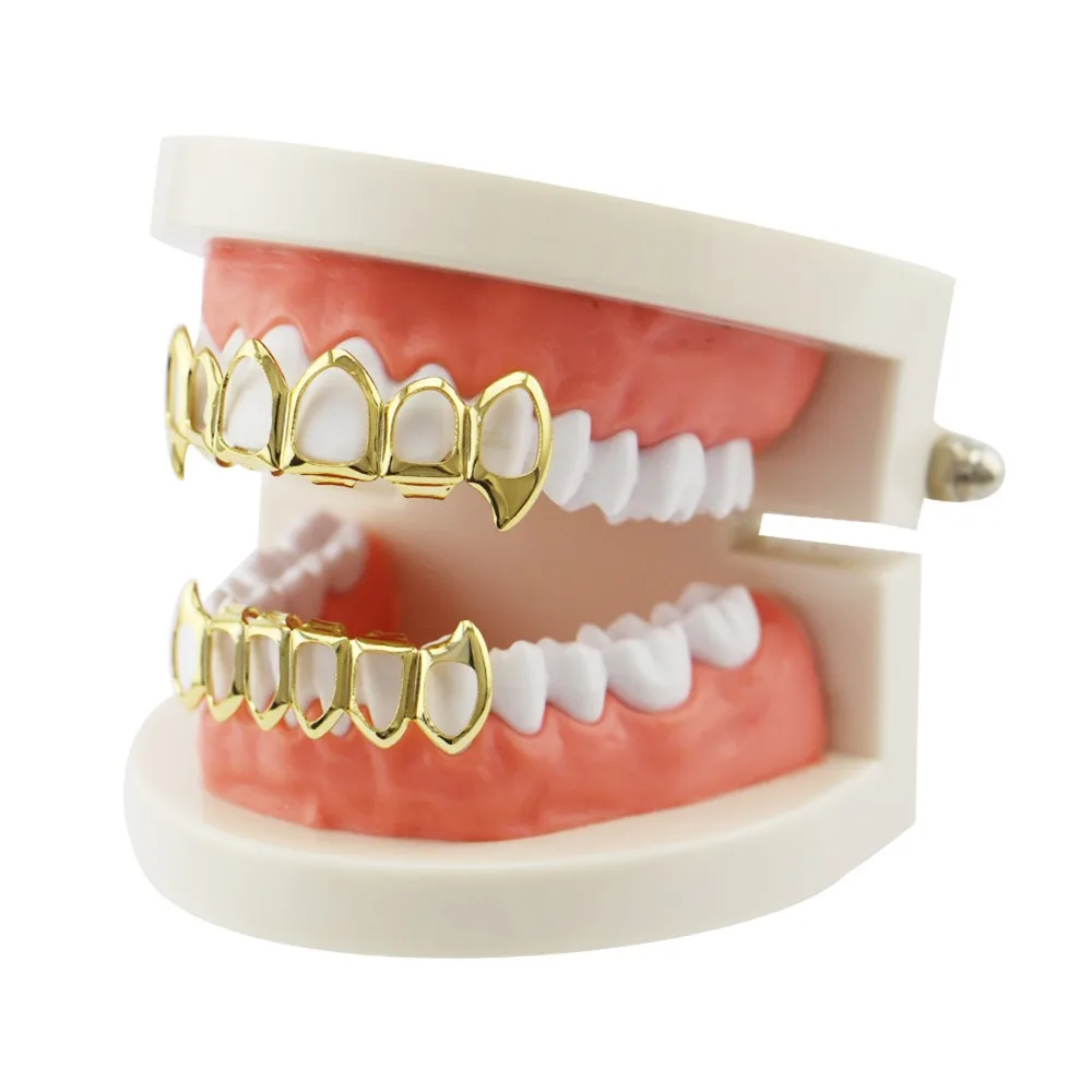 Fotografia 4: Grillz de Dentes Ocos com Acabamento Brilhante, Conjunto Superior e Inferior, em Cobre Ecológico, Capas Antiderrapantes para Dentes Brilhantes, Joias Douradas para Eventos