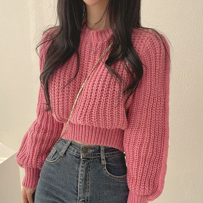 Pink Cropped Knitted Sweaters for Women 2024 Korean Fashion Loose Long Sleeve Jersey Woman Solid Color Wild Round Neck Pullover