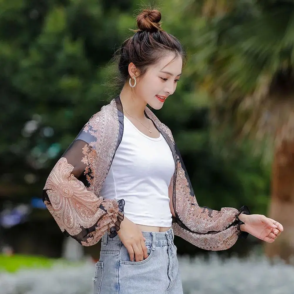 Printed Sun Protection Shawl For Women's Summer Outdoor Cycling Outerwear Oversleeves UV Resistant Chiffon Sun Protection Shawl