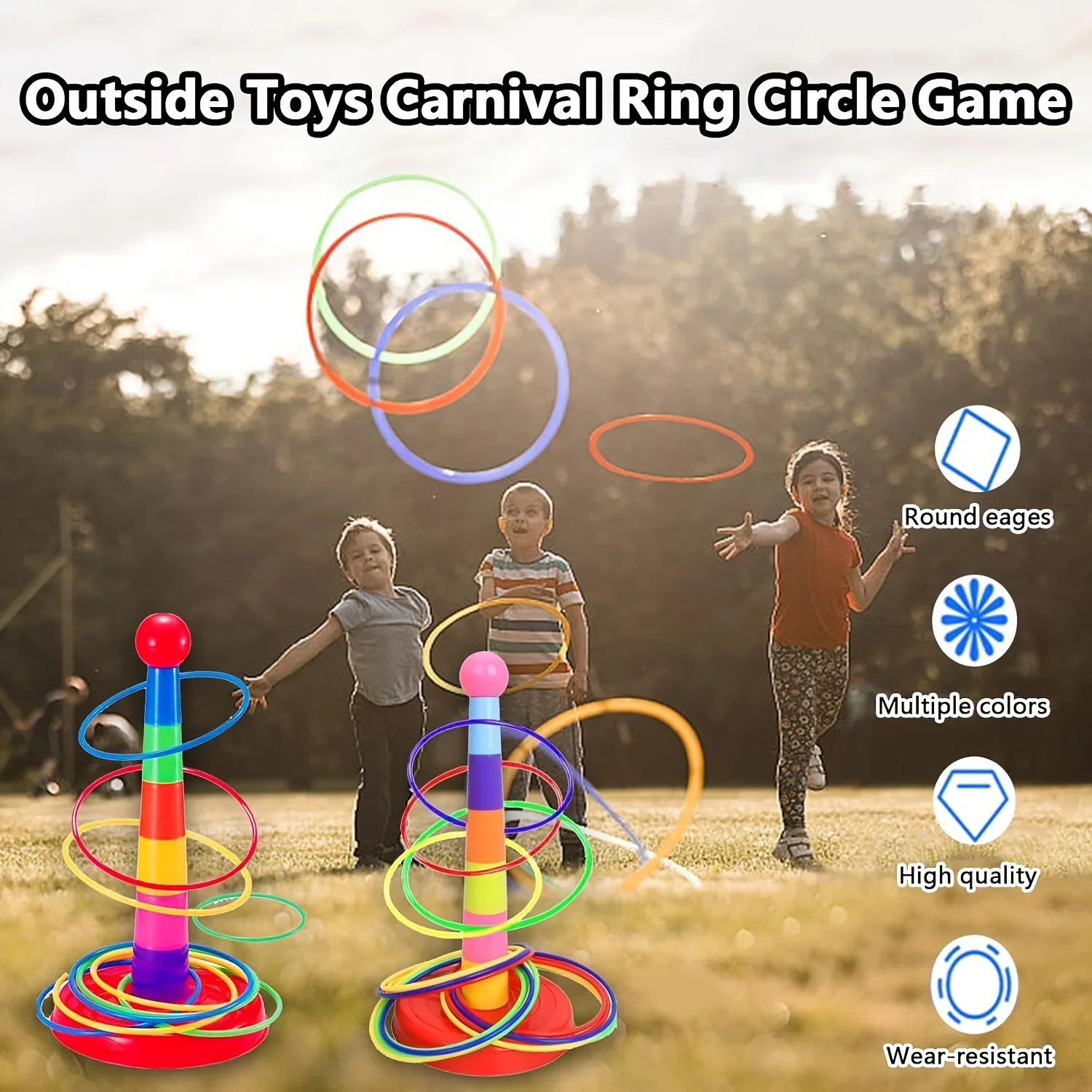 Kids Colorful Ring Toss Game Set -, Carnival Circus Throwing Fun, Includes 1 Stacking Pole & 9 Rings,Play Party Favors Christmas