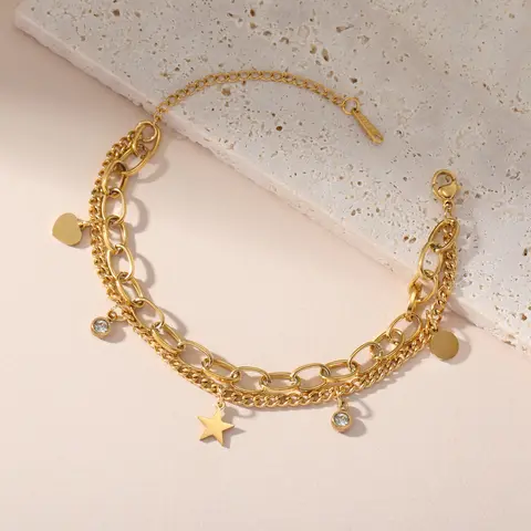 Skyrim Stern Herz Runde Zirkon Charm Armband Frauen Edelstahl Doppels chicht Kette Armbänder auf Hand Schmuck Valentinstag Geschenk