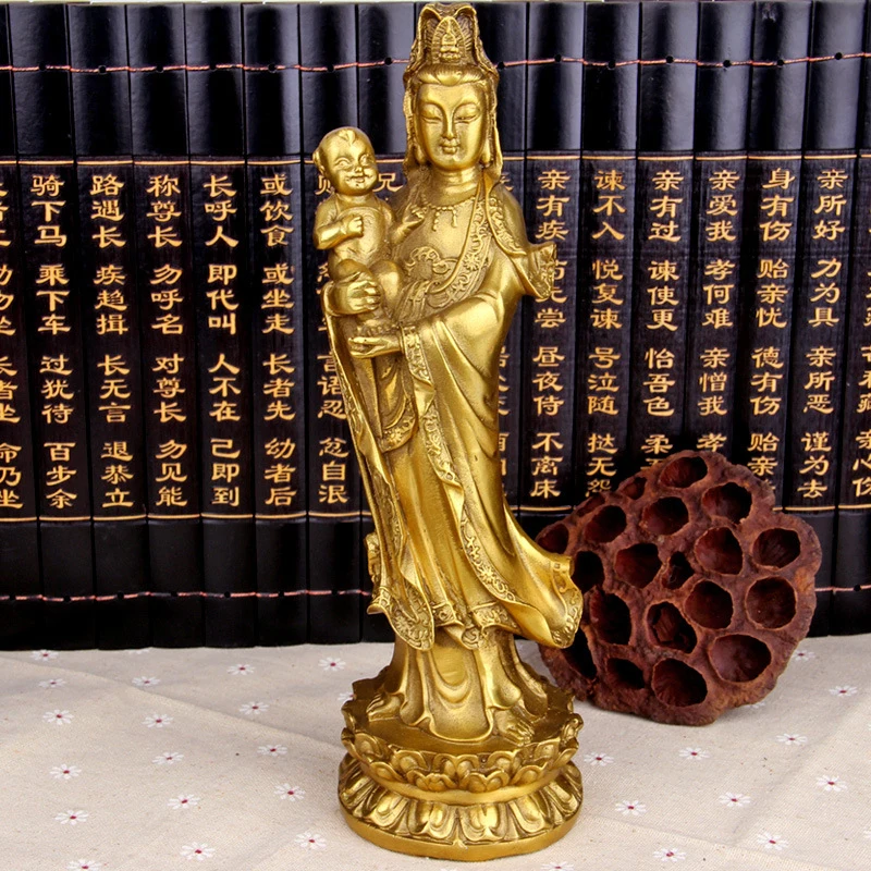 Brass Buddha Statue Ornament - Guanyin Bodhisattva Delivering Children Peace - Decorative Craft for Home and Temple
