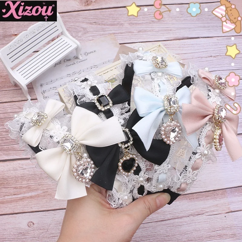 

Lolita Handmade Original Production Bud Headdress Creative Lace Lace String Bow Rhinestone Love Pendant Beaded Headband Girl