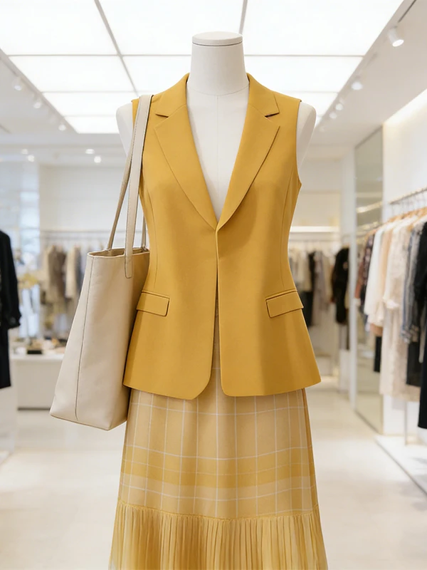 

Large Size Summer Outfit Orange Vest Top Plaid Skirt Two-Piece Set Trendy Age-Defying Clothing for Women In-Store Available