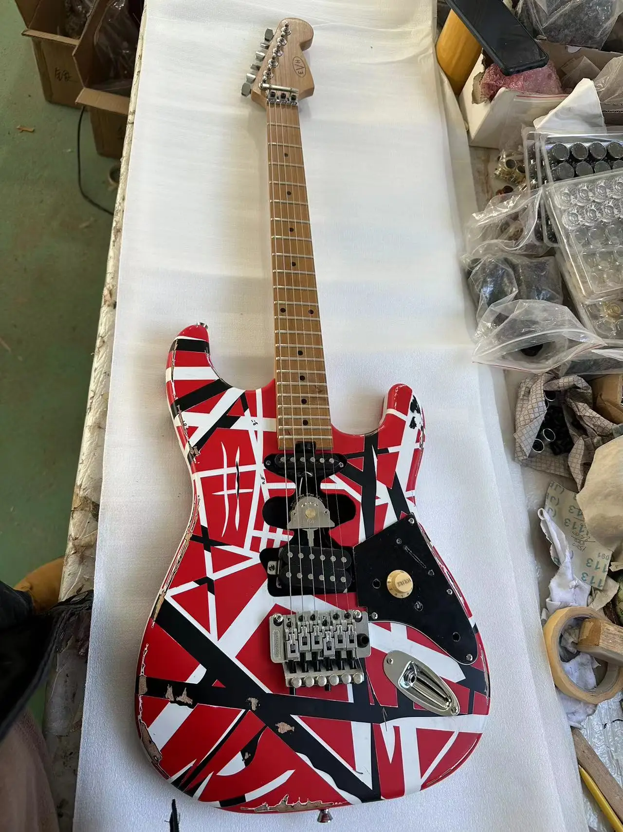 

Eddie OEM Van Halen Relic High quality electric guitar, E VH,body inset reflective license plate, in stock, fast shipping