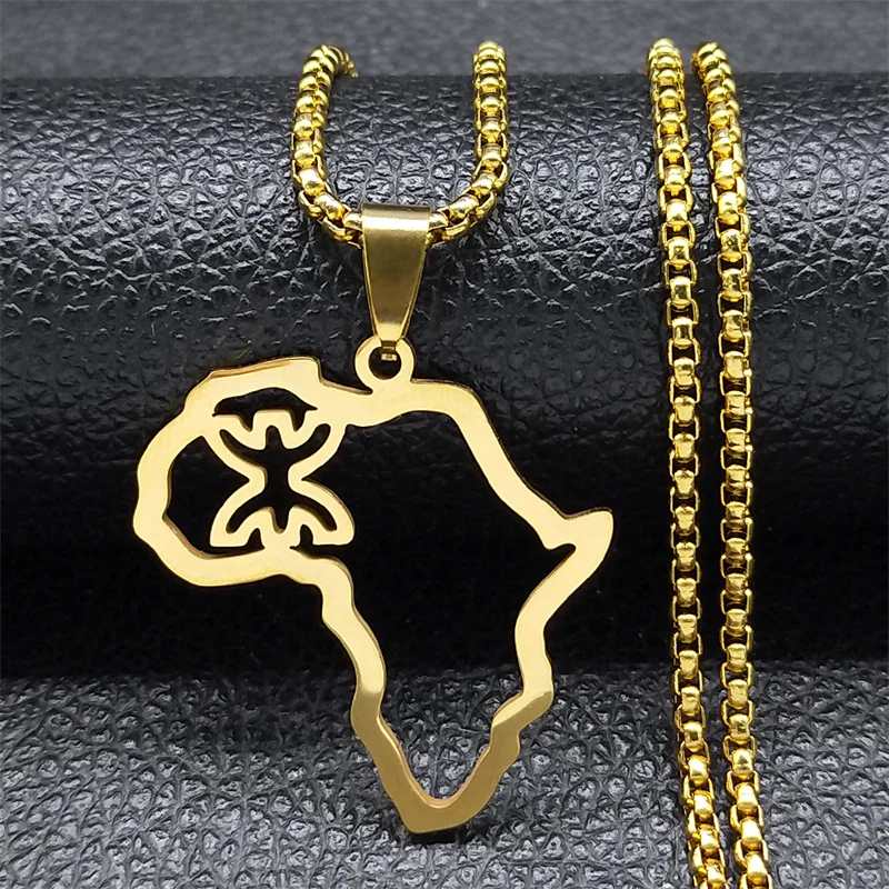 Africa Map Berber Amazigh Necklaces for Women Men Stainless Steel Gold Color Ethnic Pendant Necklace Jewelry collier N8092S02