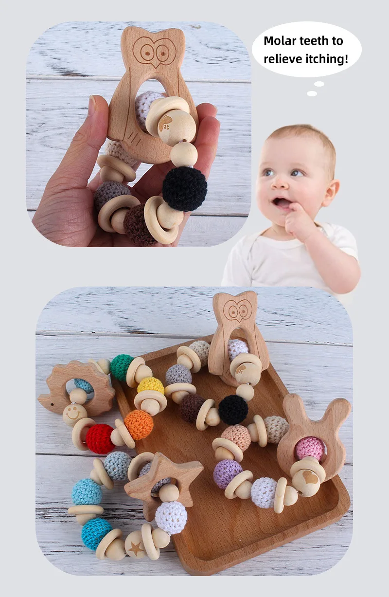 Montessori Wooden Rattle Teether Baby Toys 0 6 12 Months Engraved Wood Beads Hexagon Teether Toys For Babies Under 1 Year