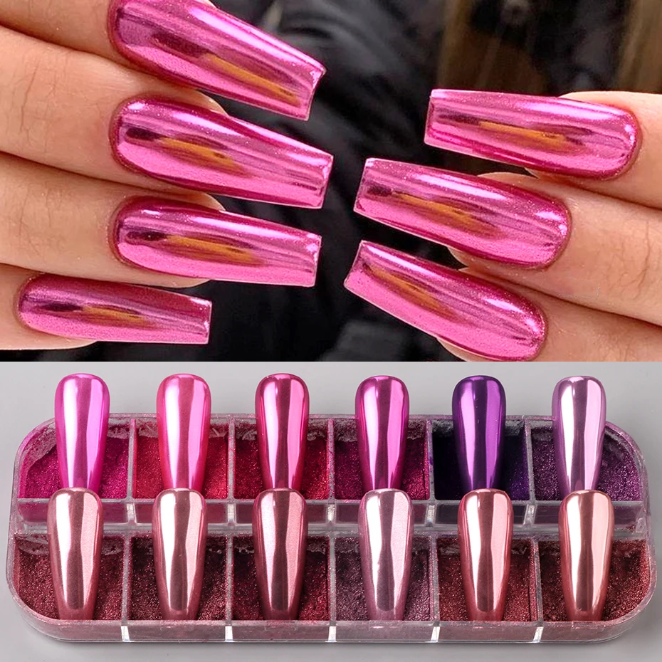 12 Grids Shimmering Rose Pink Mirror Chrome Powder Metallic Mirror Nail Glitter Pigment Rubbing On Nails Dust Y2K Style Decor