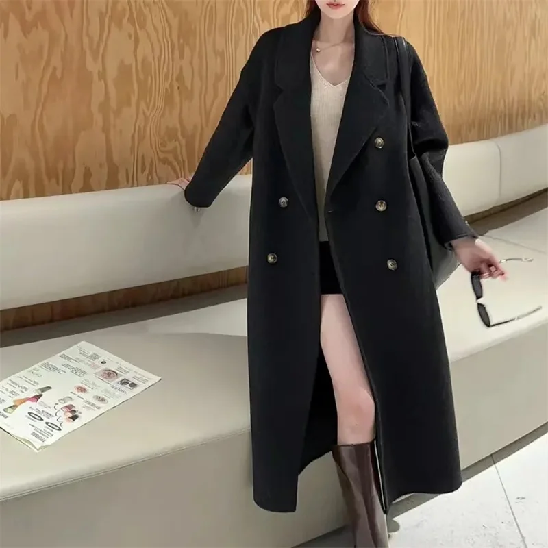 Women's Woolen Coat Medium Length Loose Thick Autumn Winter New Style Hepburn Style Elegant Small Size Jacket Outerwear