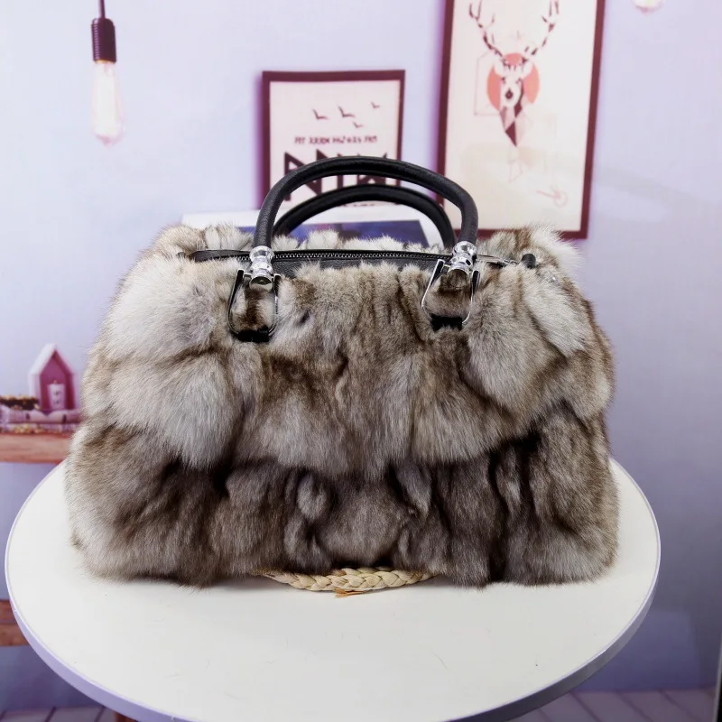 バッグ 70s vintage faux fur leather boston bag Large Capacity Genuine Fox Fur Tote Bag Versatile Handbag For