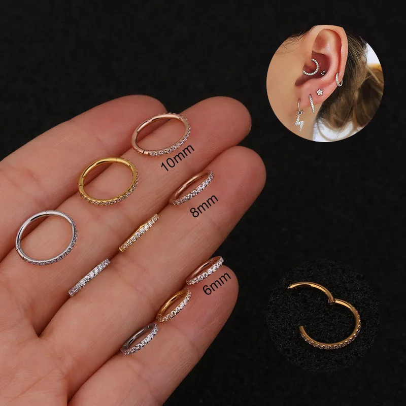 1PC Piercing Nose Rings Hinged G23 Titanium CZ Nose Septum Clicker Helix Daith Conch Earrings Piercing Body Jewelry Wholesale