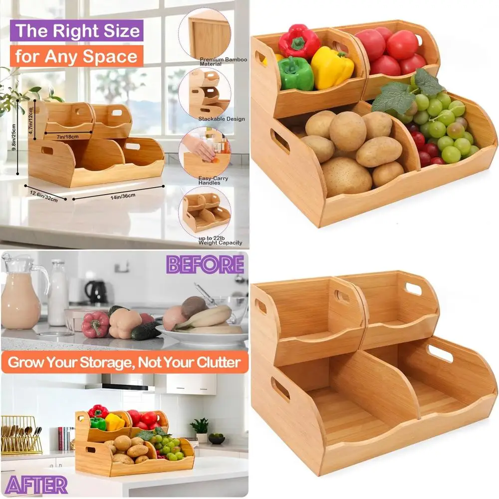

3-Tier Bamboo Storage Basket Set for Kitchen Pantry, Easy Assembly, Versatile for Potatoes, Onions, and Cabinets