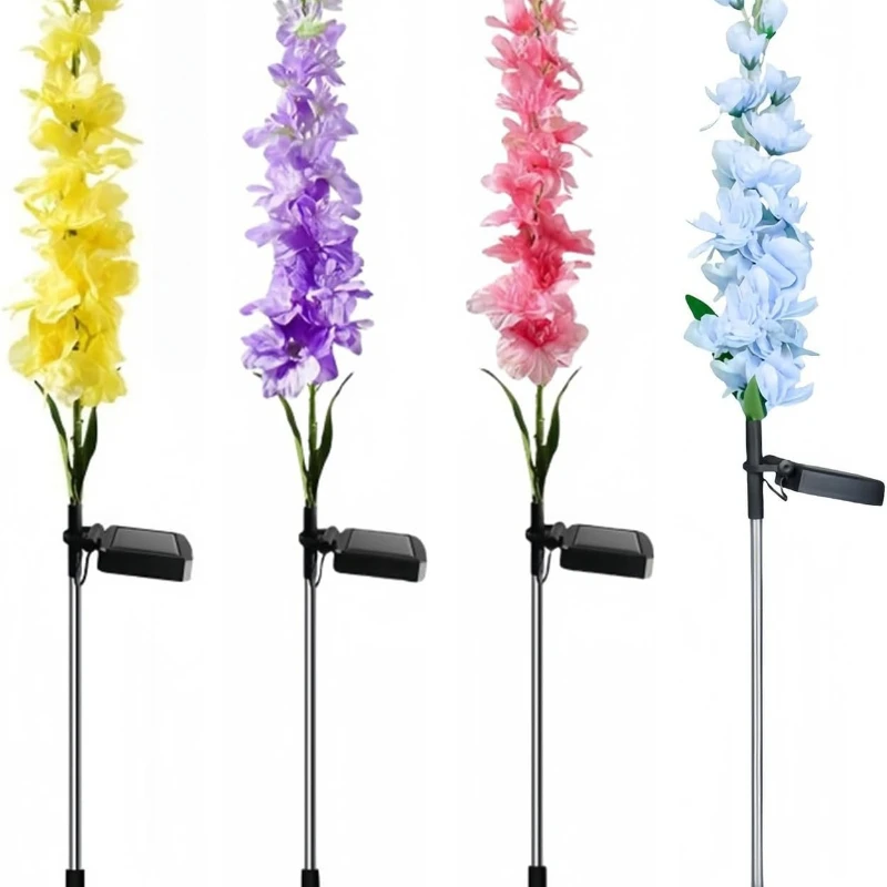 Solar Hyacinth Flower Stake Lights Waterproof Outdoor Garden Lamp for Yard Patio Pathway Lawn Fence, Pink Purple Blue Yellow