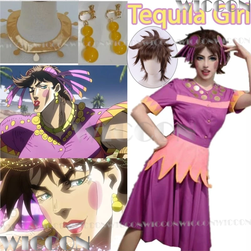 Joseph Joestar Tequila Girl Anime Jo Cosplay Costume Purple Dress Ears Brown Wig Women Men Holloween Roleplay Customized