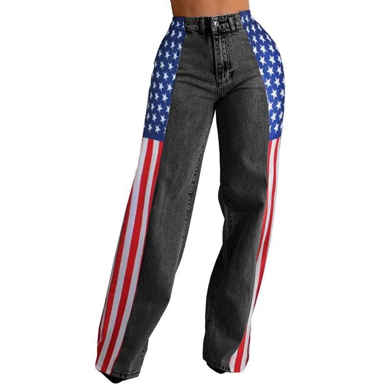 Stigende Sideseam Striped Wide Leg Jeans Women Star Spangled Stretch Denim Pants Patchwork Colorblock Straight Trouser