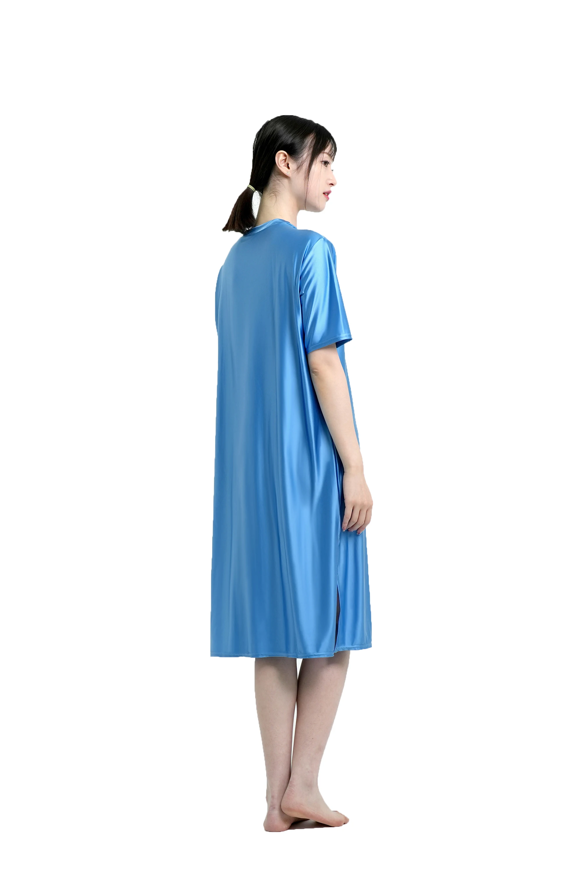 MJINM Women Silky Oil Smooth Long Dresses V-Neck Short Sleeve Comfortable Beach Casual Glossy Loose Housewear Pajamas Nightdress