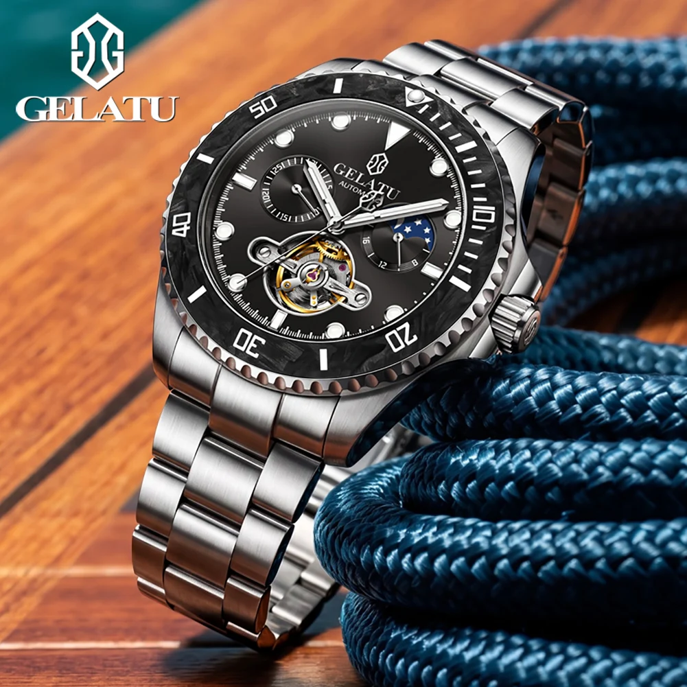 GELATU 6036 Diver Sports Watches for Men Luxury Carbon Fiber Luminous Bezel Skeleton Flywheel Automatic Mechanical Man Watch NEW