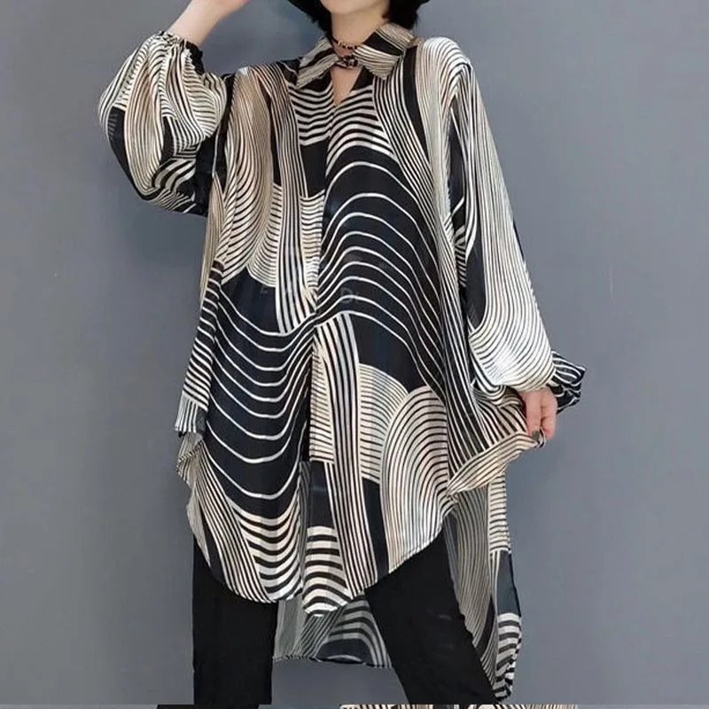 Summer Women\'s New Korean Fashion Style Holiday Style Casual Comfortable Shirt Striped Chiffon Sunscreen Loose Large 4XL Top