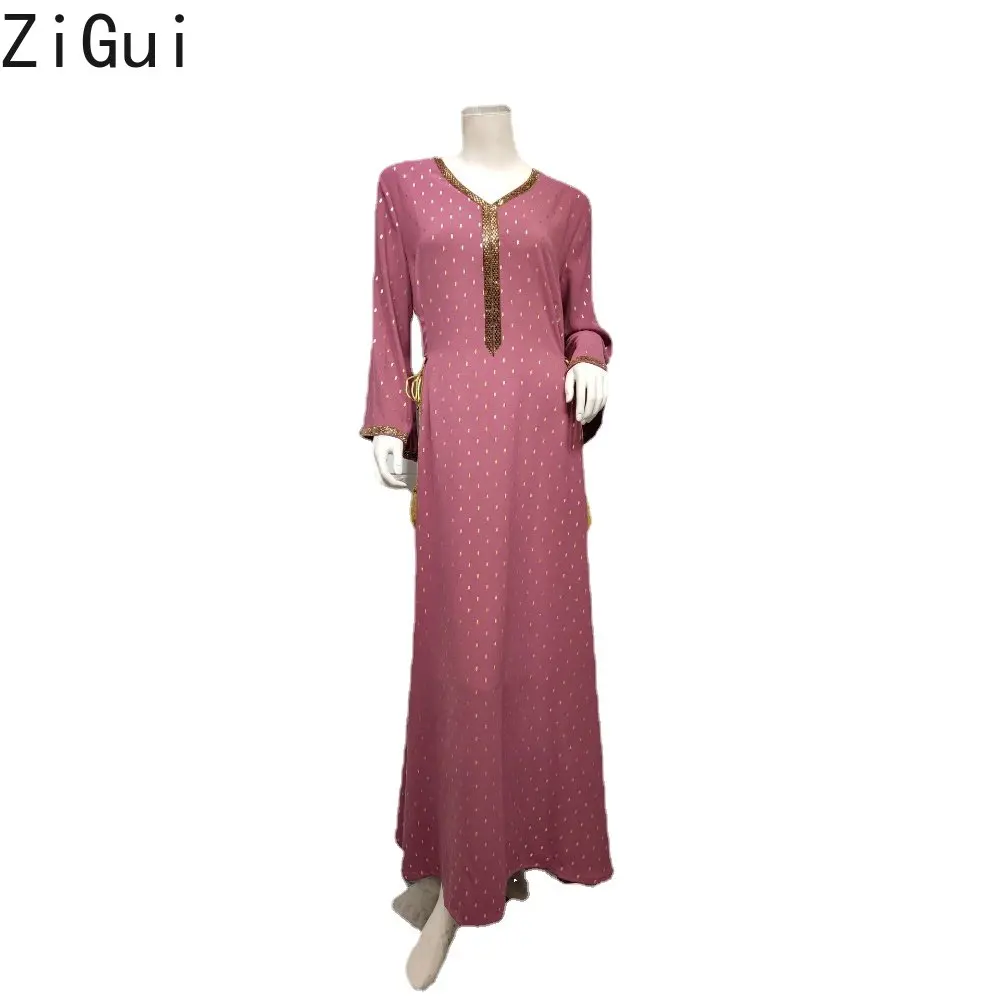 Zigui Dubai Dresses Luxury Arabic Red Gold V Neck Belted Flare Sleev Arab Dresses For Women Kaftan Moroccan