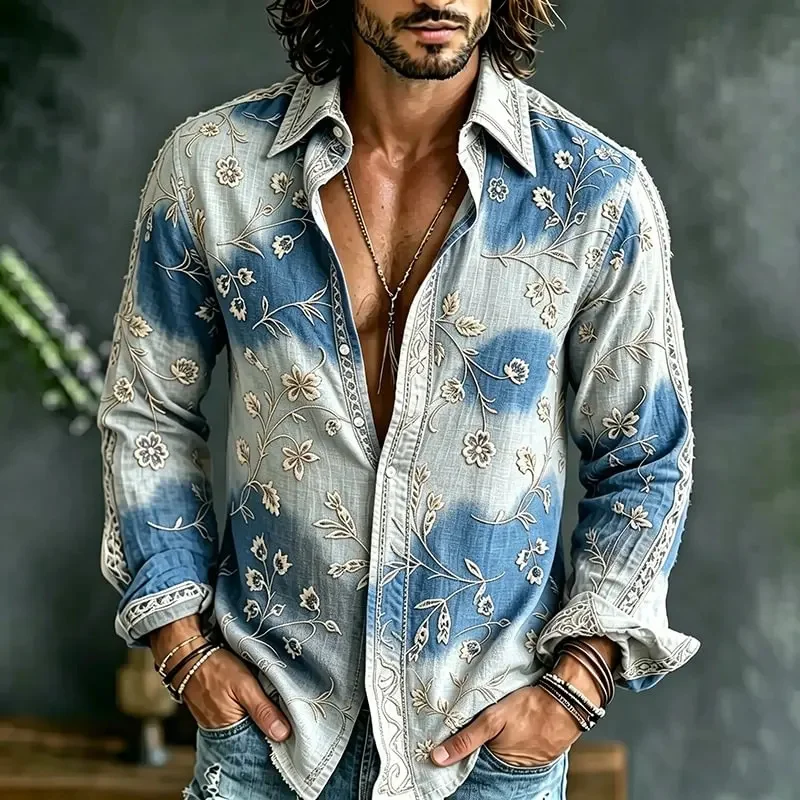 New washed denim blue full body beige vine flower lapel single breasted men's retro casual long sleeved shirt