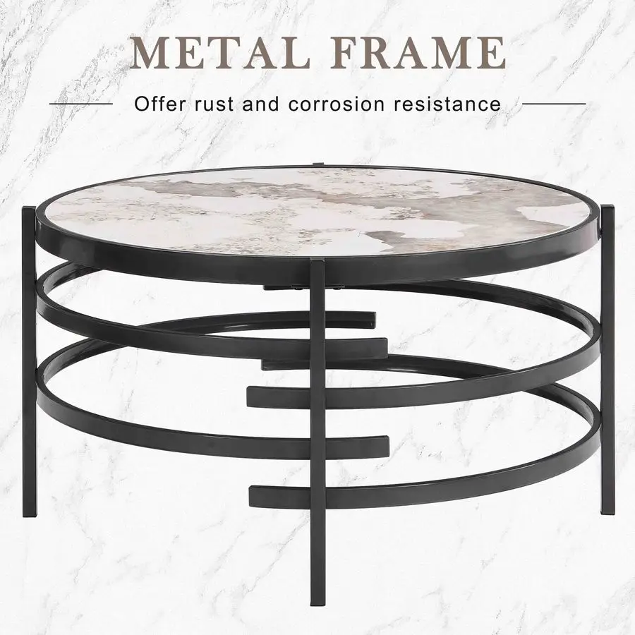 Coffee Table Sintered Stone LifeSky 32 inch Circle Center Coffee Table with Metal Frame Modern Circular Coffee Tables for Living
