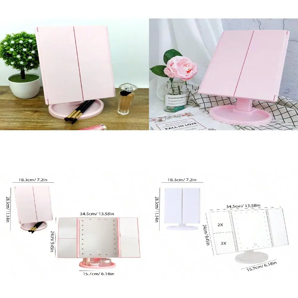 1 espejo de maquillaje plegable con tres aumentos de 2x 3x con 22 LED, adecuado para viajes, portátil, espejo de maquillaje USB plegable